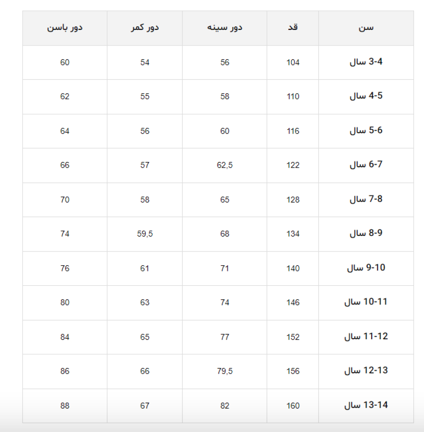 جدول سایز پوشاک دختران 3 الی 14 سال