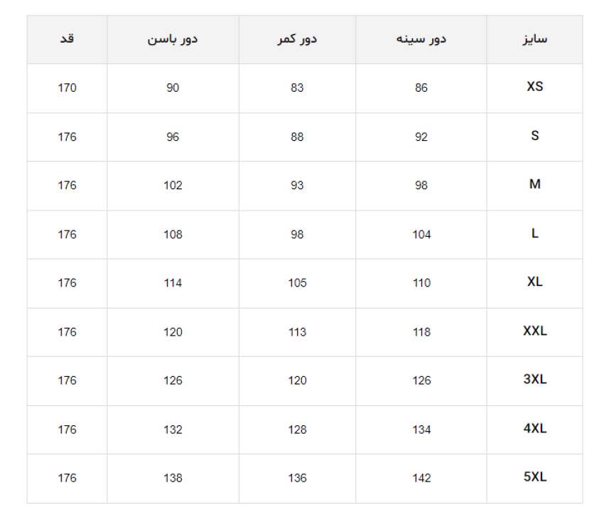 جدول سایزبندی آقایان ترندیول